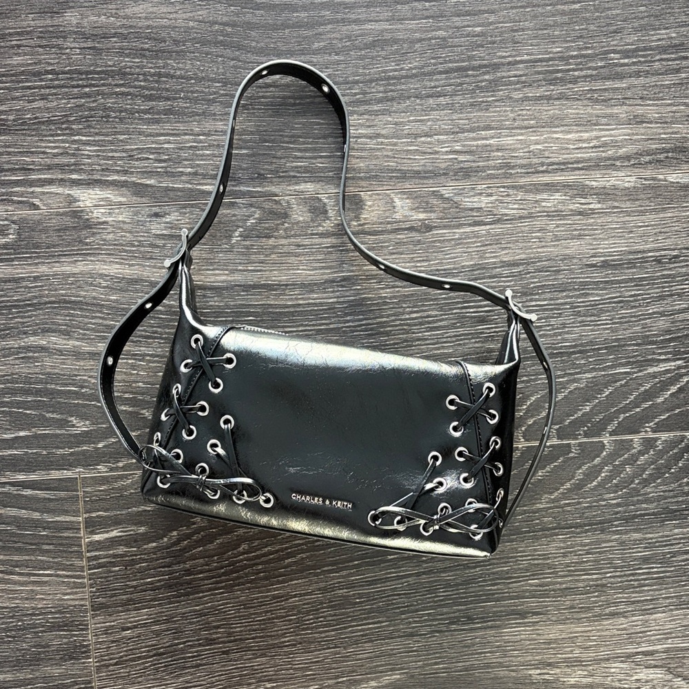 Charles & Keith Black Lace-Up Shoulder Bag